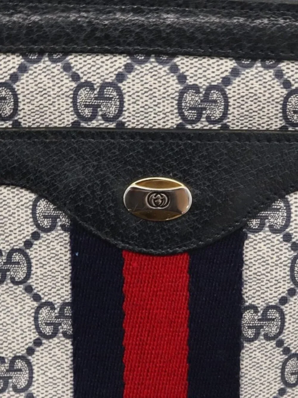 GUCCI GG Supreme Sherry Line Shoulder Bag PVC Navy Gold 904 02 013 Auth 176719